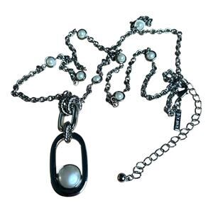 White House Black Market WHBM Silver Tone Long Necklace Reversible Pendant